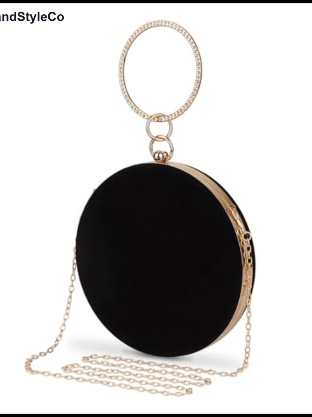 Round Velvet Clutch Evening Bag with Rhinestone Handle & Chain